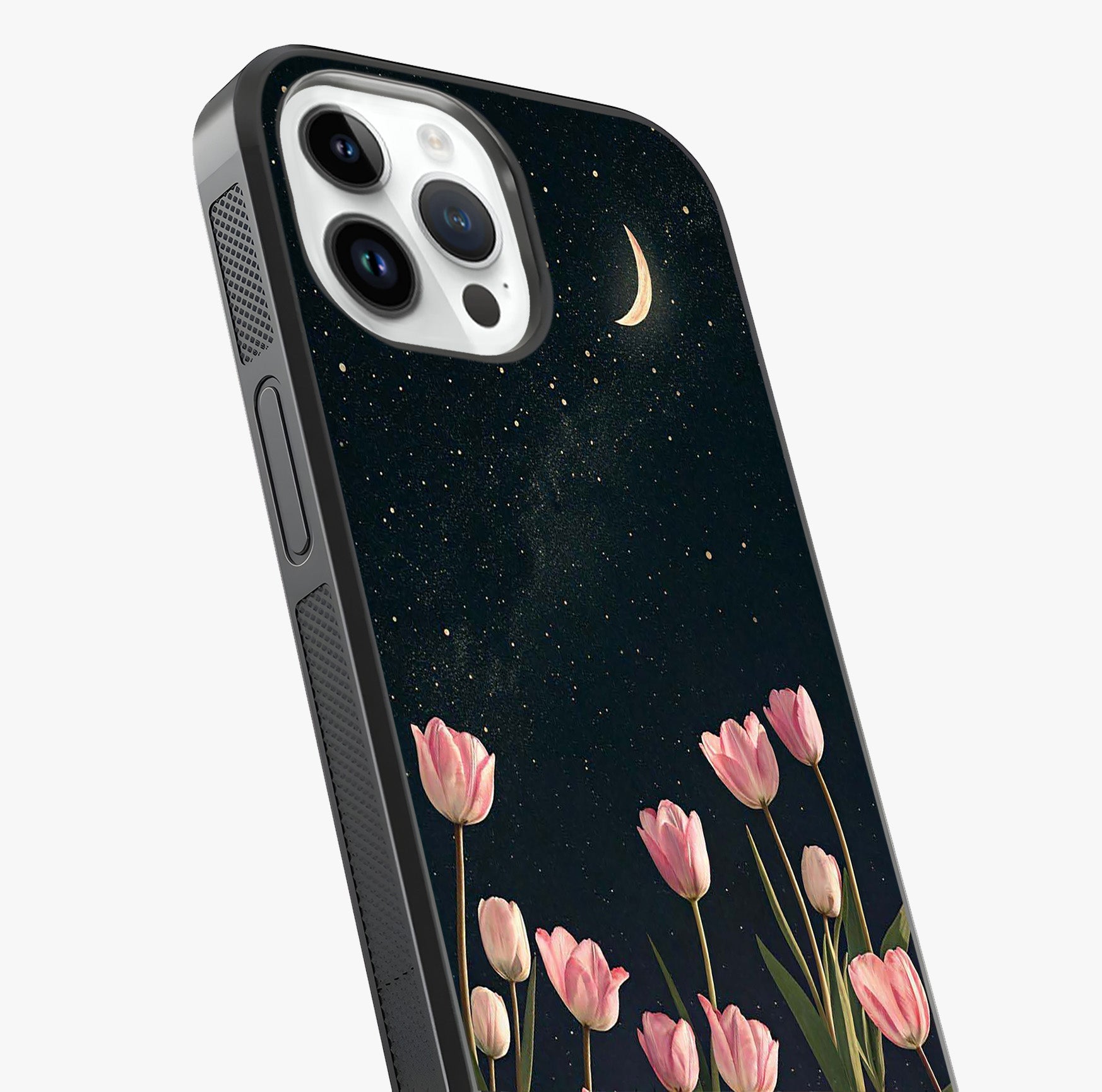 Midnight Tulip Whispers Vibe Glass Case captured at a warm angle highlighting gloss, texture and premium glass finish.