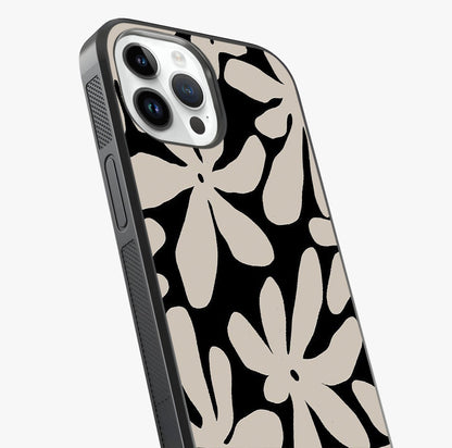 Monochrome Petal Dance Glass Case captured at a warm angle highlighting gloss, texture and premium glass finish.