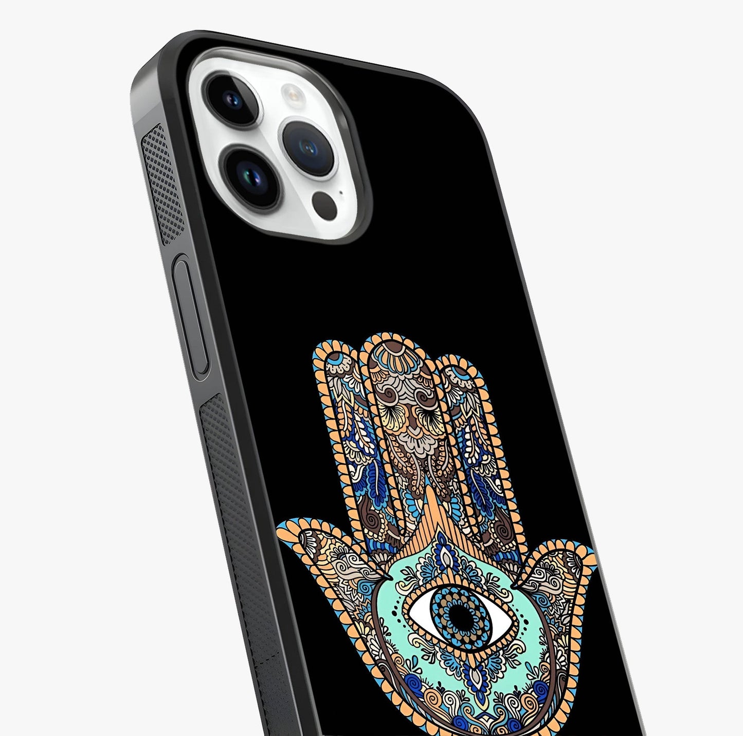 Mystic Hamsa Eye Glass Case captured at a warm angle highlighting gloss, texture and premium glass finish.