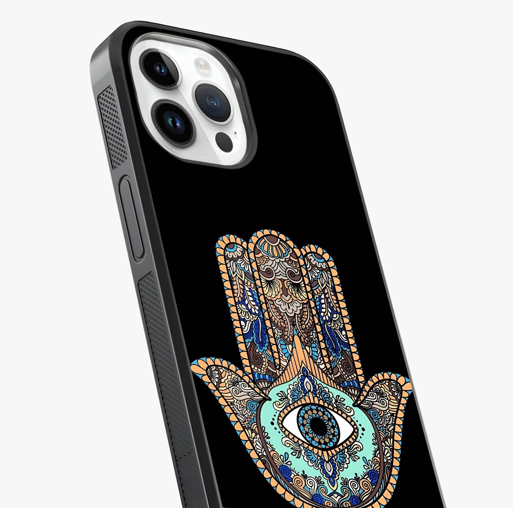 Mystic Hamsa Eye Glass Case captured at a warm angle highlighting gloss, texture and premium glass finish.
