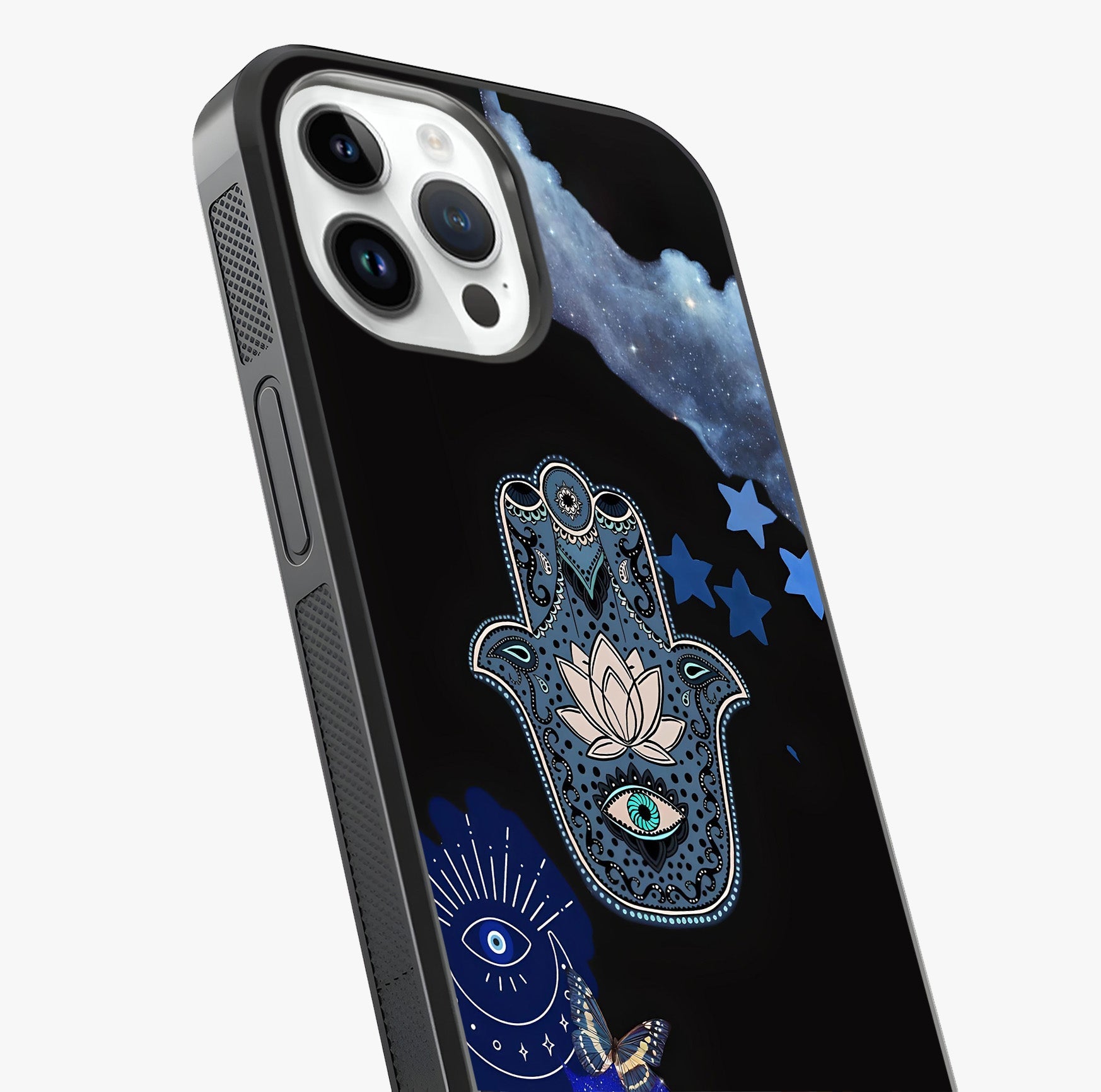 Mystic Hand Aura Glass Case captured at a warm angle highlighting gloss, texture and premium glass finish.