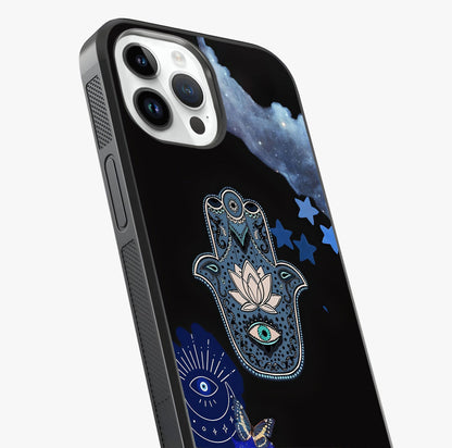 Mystic Hand Aura Glass Case captured at a warm angle highlighting gloss, texture and premium glass finish.