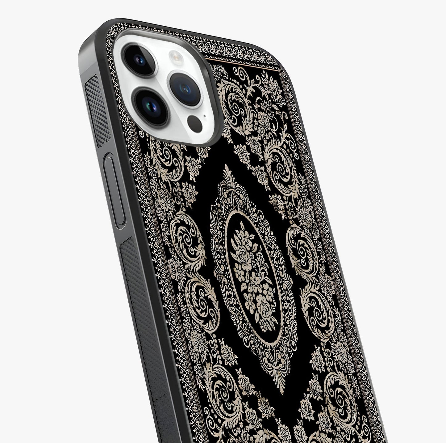 Noir Bloom Elegance Glass Case captured at a warm angle highlighting gloss, texture and premium glass finish.