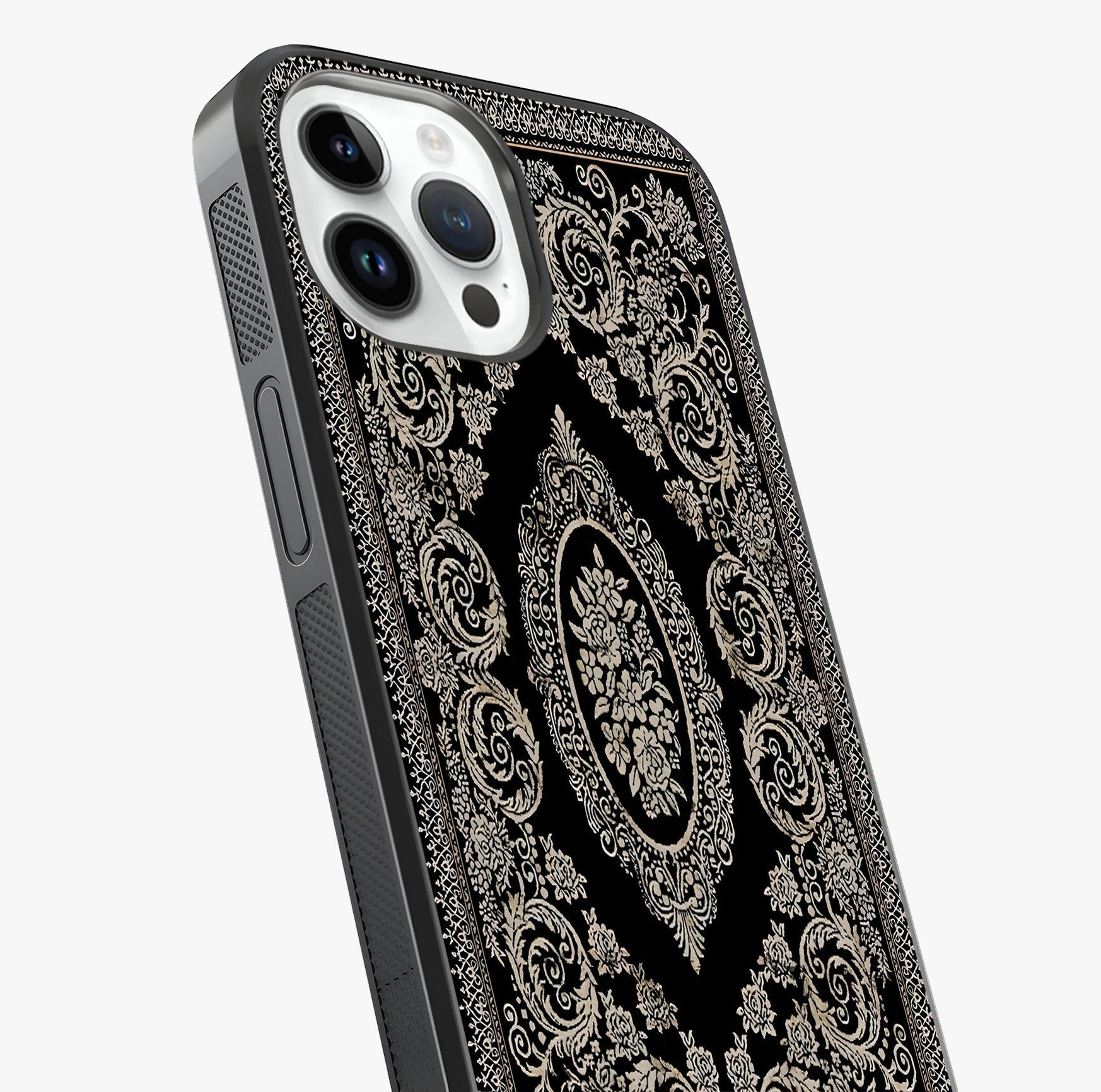 Noir Bloom Elegance Glass Case captured at a warm angle highlighting gloss, texture and premium glass finish.