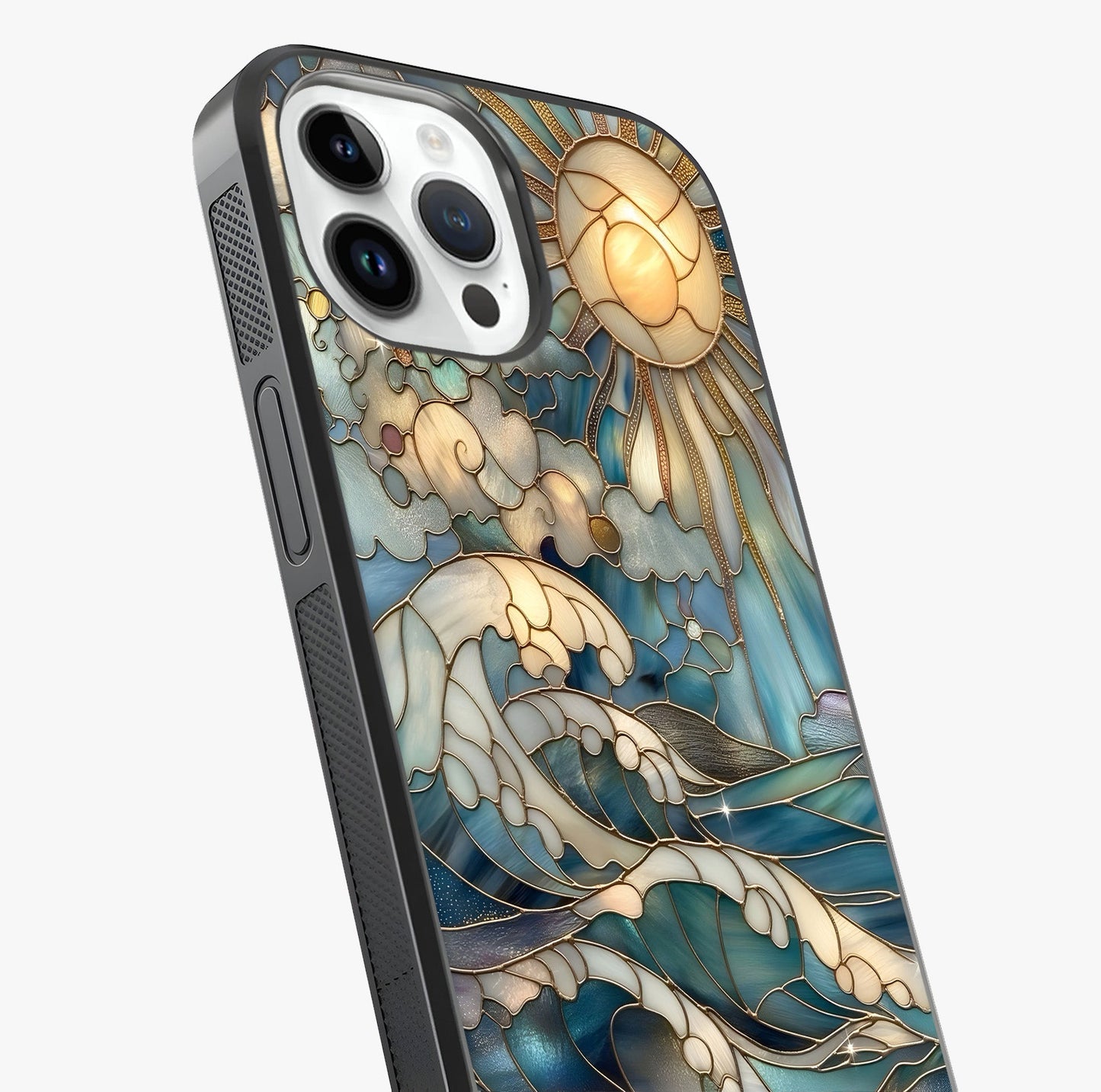 Oceanic Stained Printed Glass Case captured at a warm angle highlighting gloss, texture and premium glass finish.