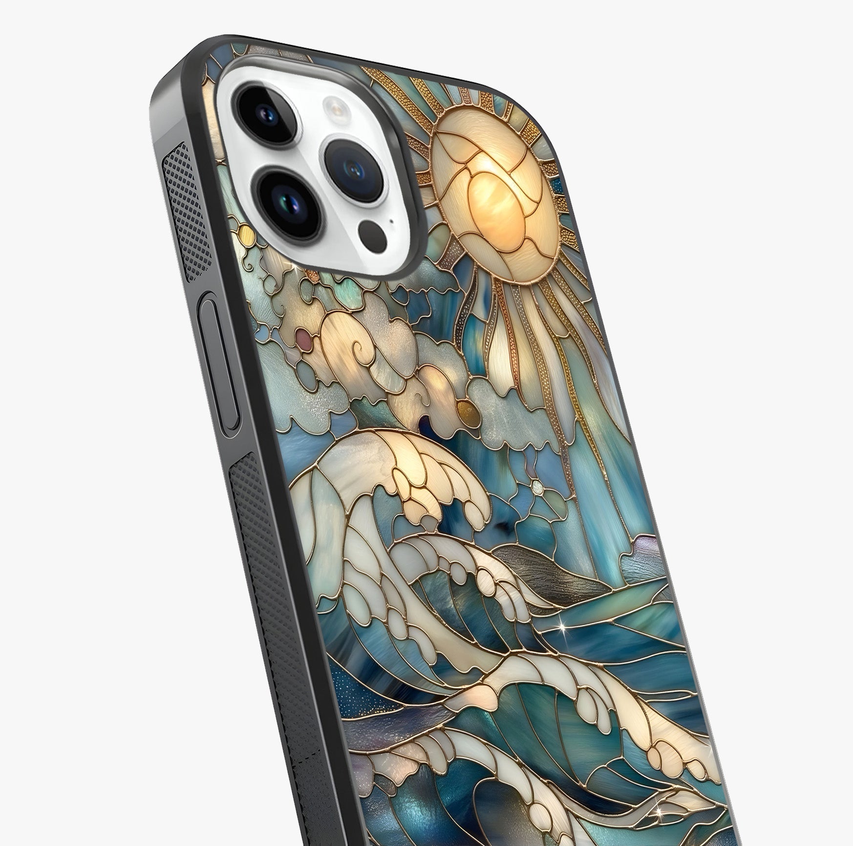 Oceanic Stained Printed Glass Case captured at a warm angle highlighting gloss, texture and premium glass finish.
