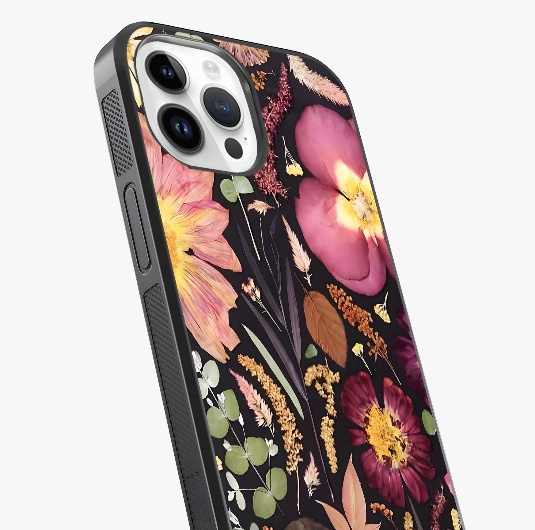 Petal Dream Tapestry Glass Case captured at a warm angle highlighting gloss, texture and premium glass finish.