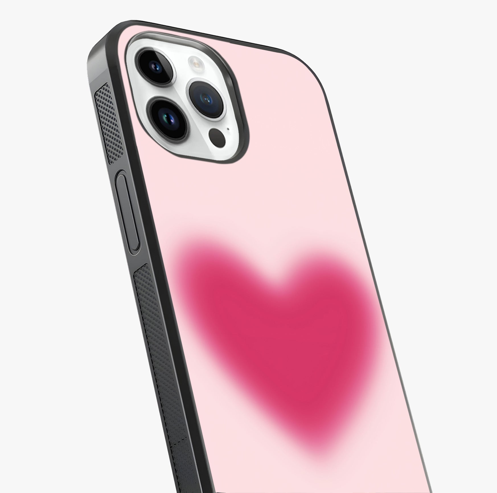 Pink Aura Heart Glass Case captured at a warm angle highlighting gloss, texture and premium glass finish.