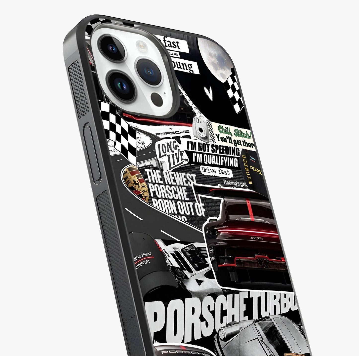 Porsche Racing Collage Glass Case captured at a warm angle highlighting gloss, texture and premium glass finish.