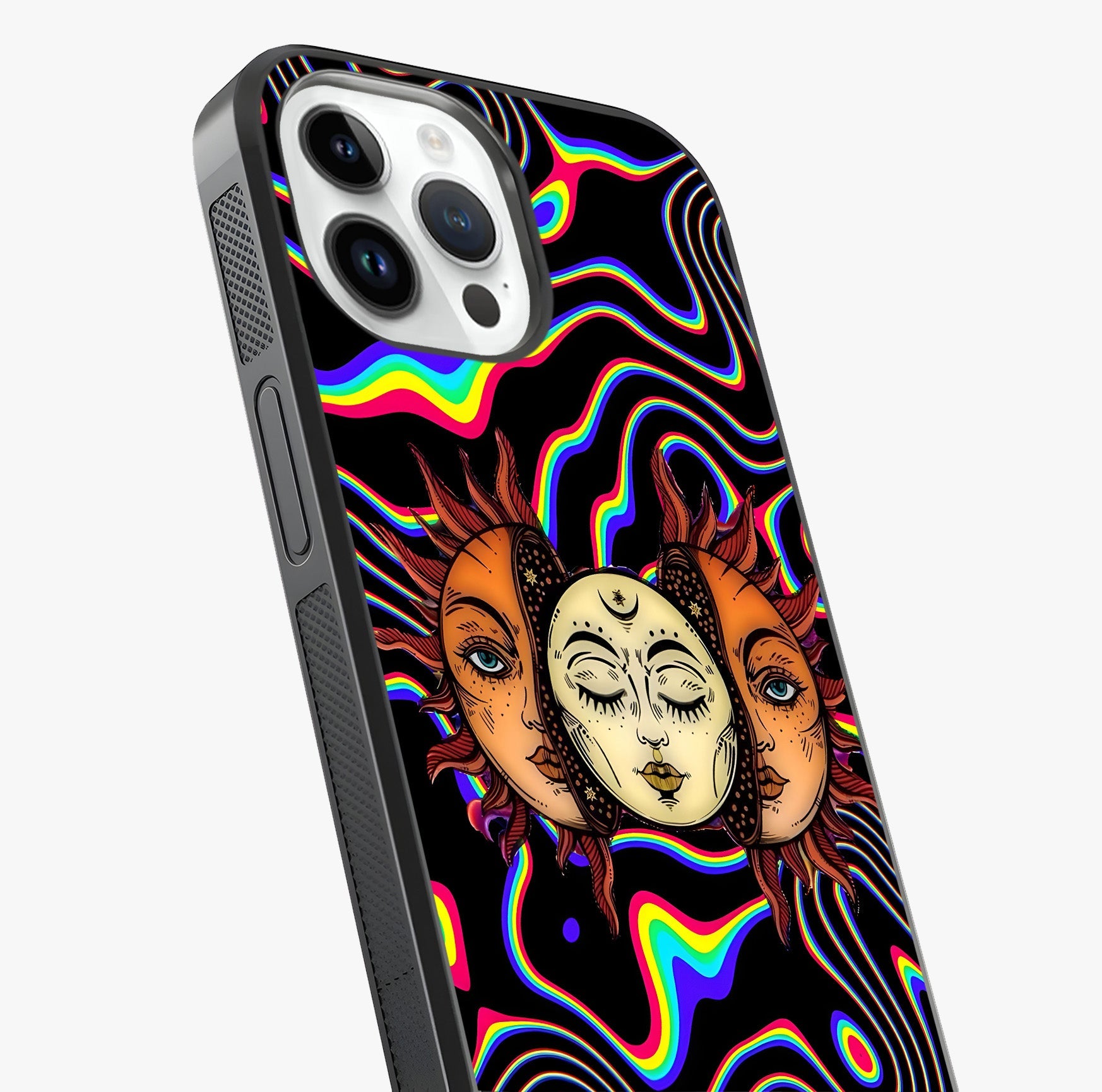 Psychedelic Sun Glass Case captured at a warm angle highlighting gloss, texture and premium glass finish.