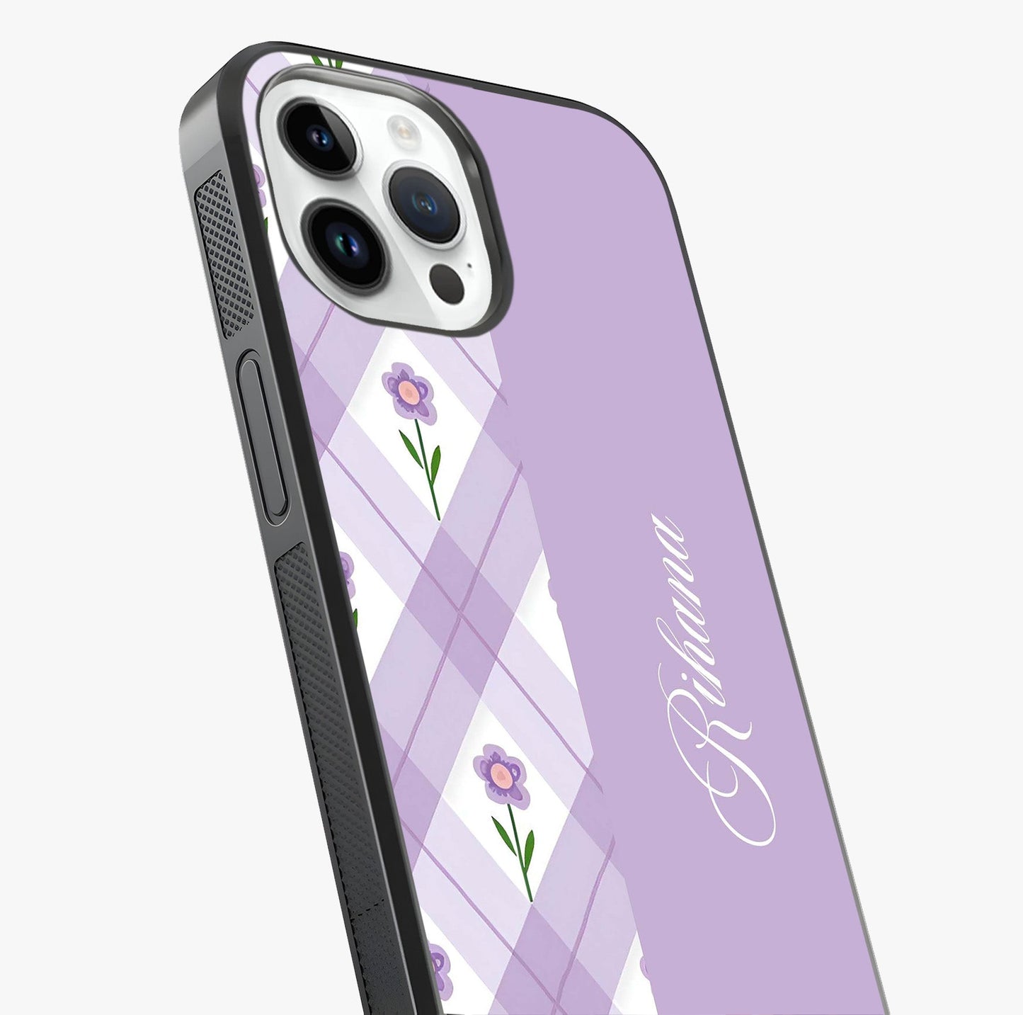 Purple Diamond Floral Glass Case captured at a warm angle highlighting gloss, texture and premium glass finish.