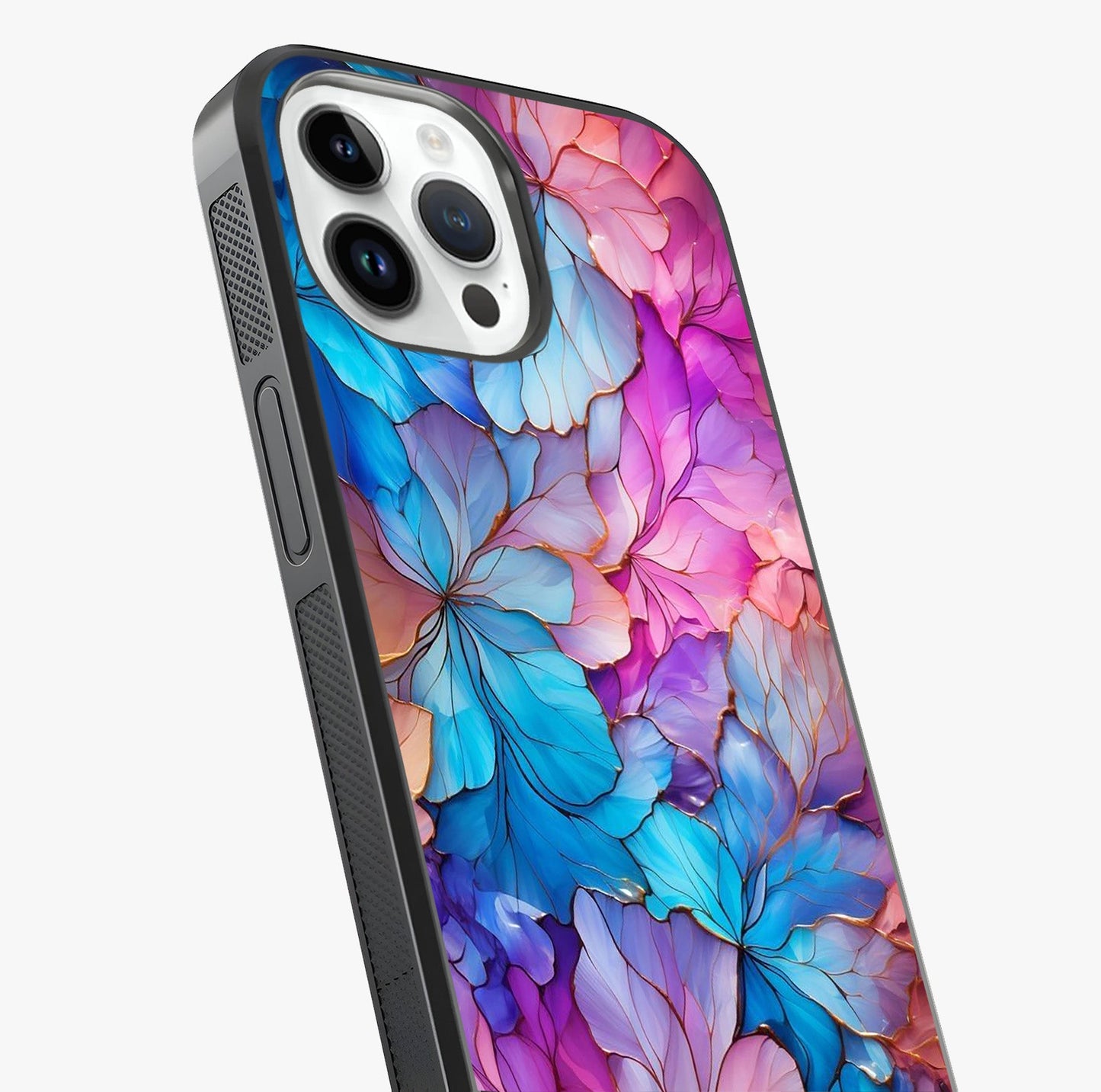 Radiant Floral Whirl Glass Case captured at a warm angle highlighting gloss, texture and premium glass finish.