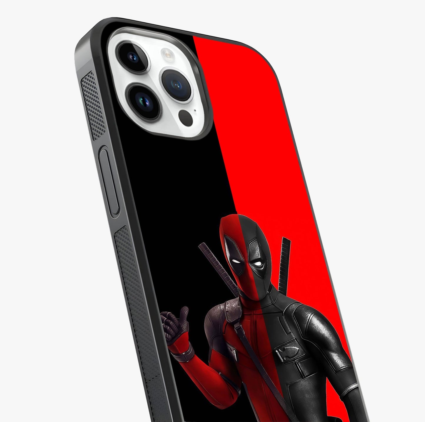 Red & Black Deadpool Theme Glass Case captured at a warm angle highlighting gloss, texture and premium glass finish.