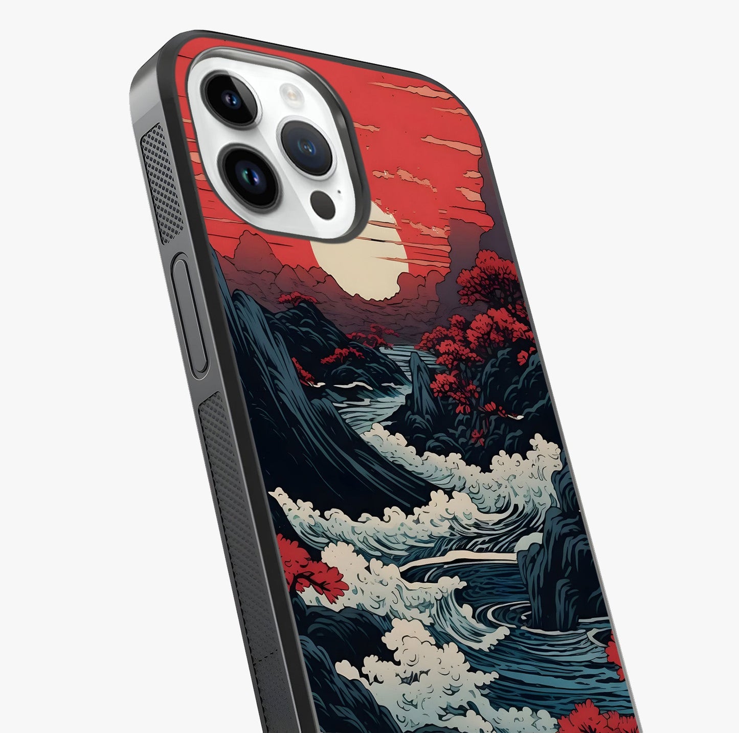 Red Sunset Scenery Glass Case captured at a warm angle highlighting gloss, texture and premium glass finish.