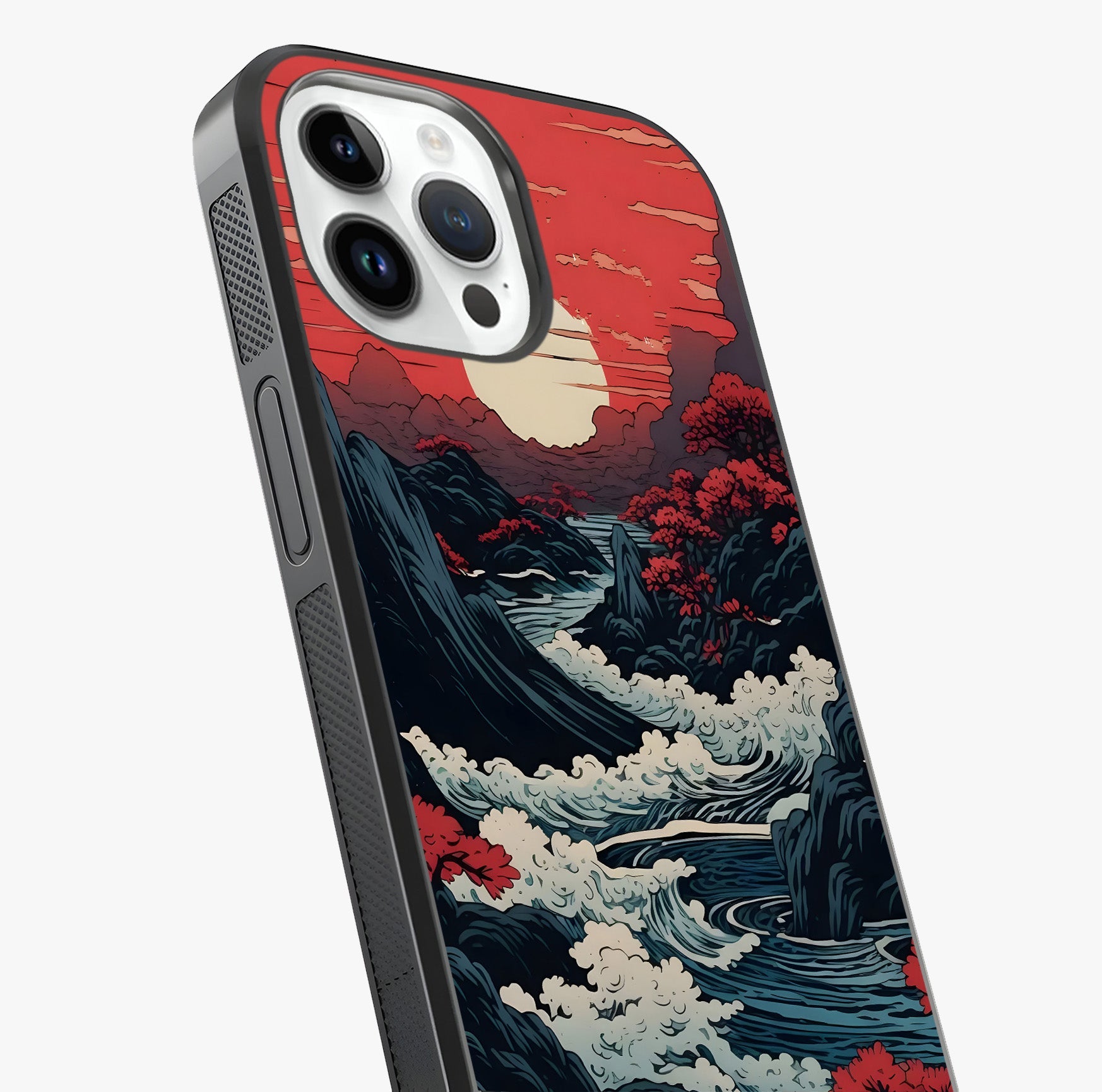 Red Sunset Scenery Glass Case captured at a warm angle highlighting gloss, texture and premium glass finish.