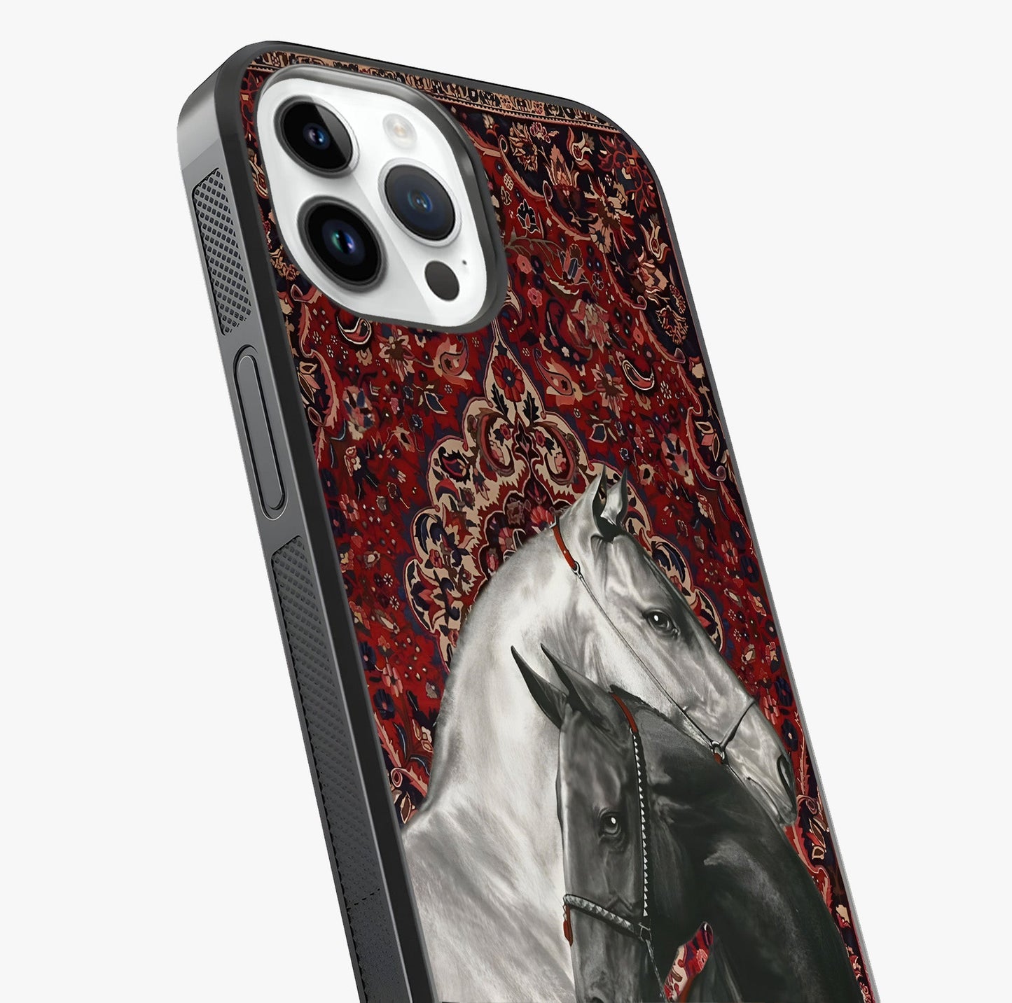 Regal Stallion Tapestry Glass Case captured at a warm angle highlighting gloss, texture and premium glass finish.