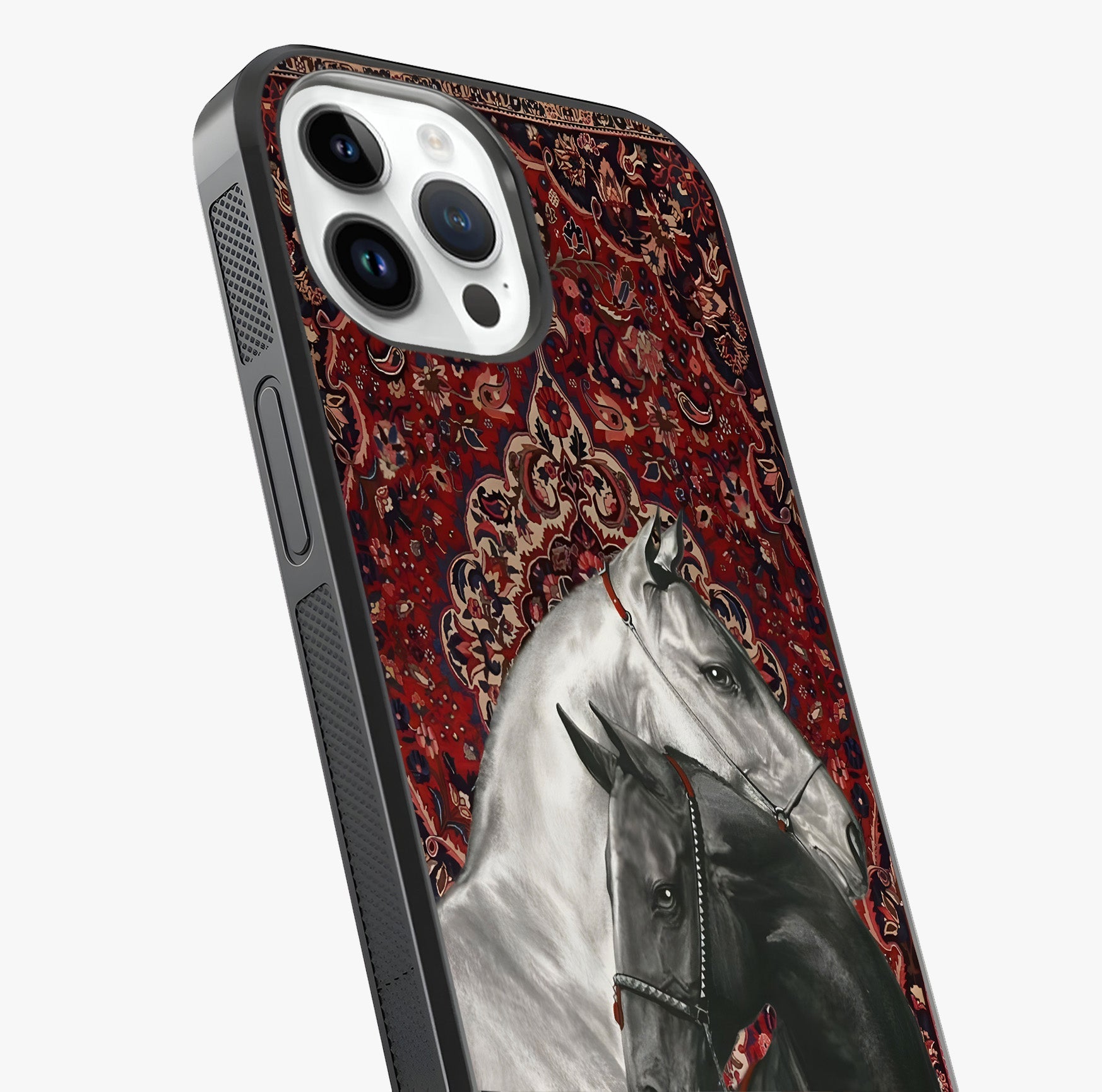 Regal Stallion Tapestry Glass Case captured at a warm angle highlighting gloss, texture and premium glass finish.