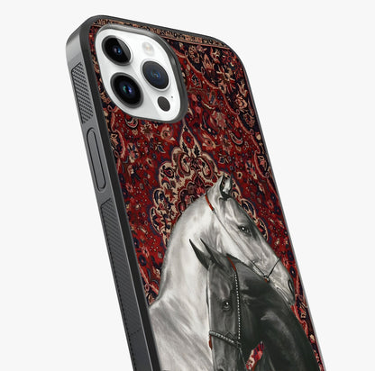 Regal Stallion Tapestry Glass Case captured at a warm angle highlighting gloss, texture and premium glass finish.