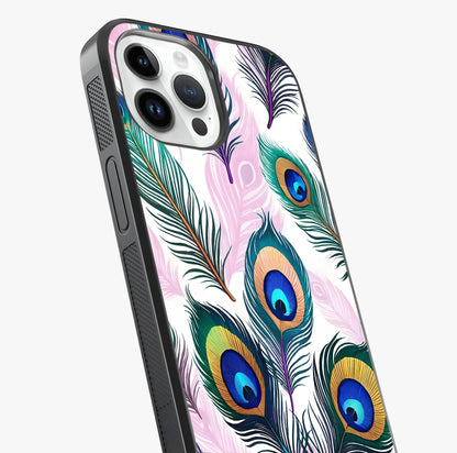 Royal Peacock Feathers Glass Case captured at a warm angle highlighting gloss, texture and premium glass finish.