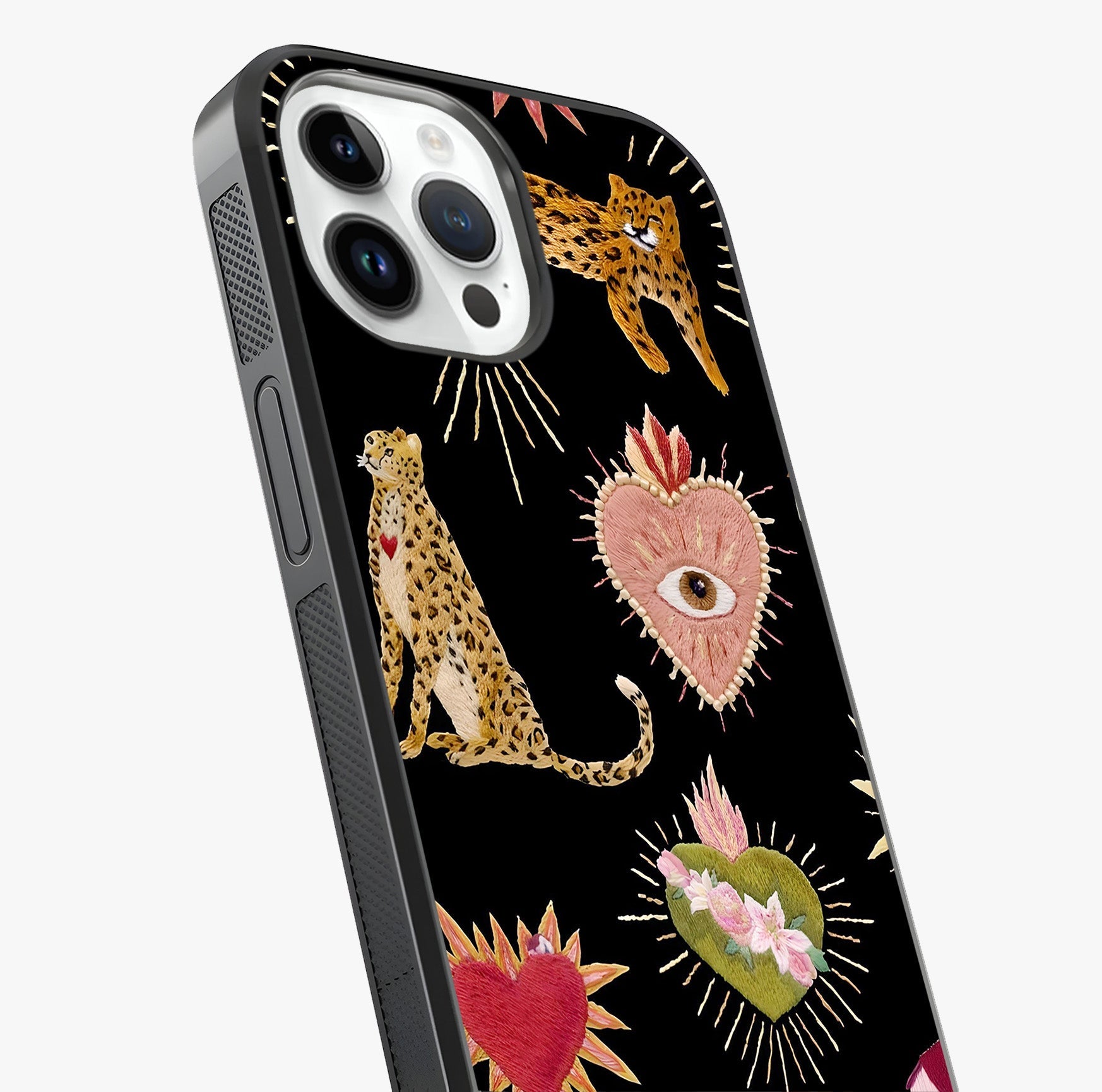 Sacred Jungle Heart Glass Case captured at a warm angle highlighting gloss, texture and premium glass finish.