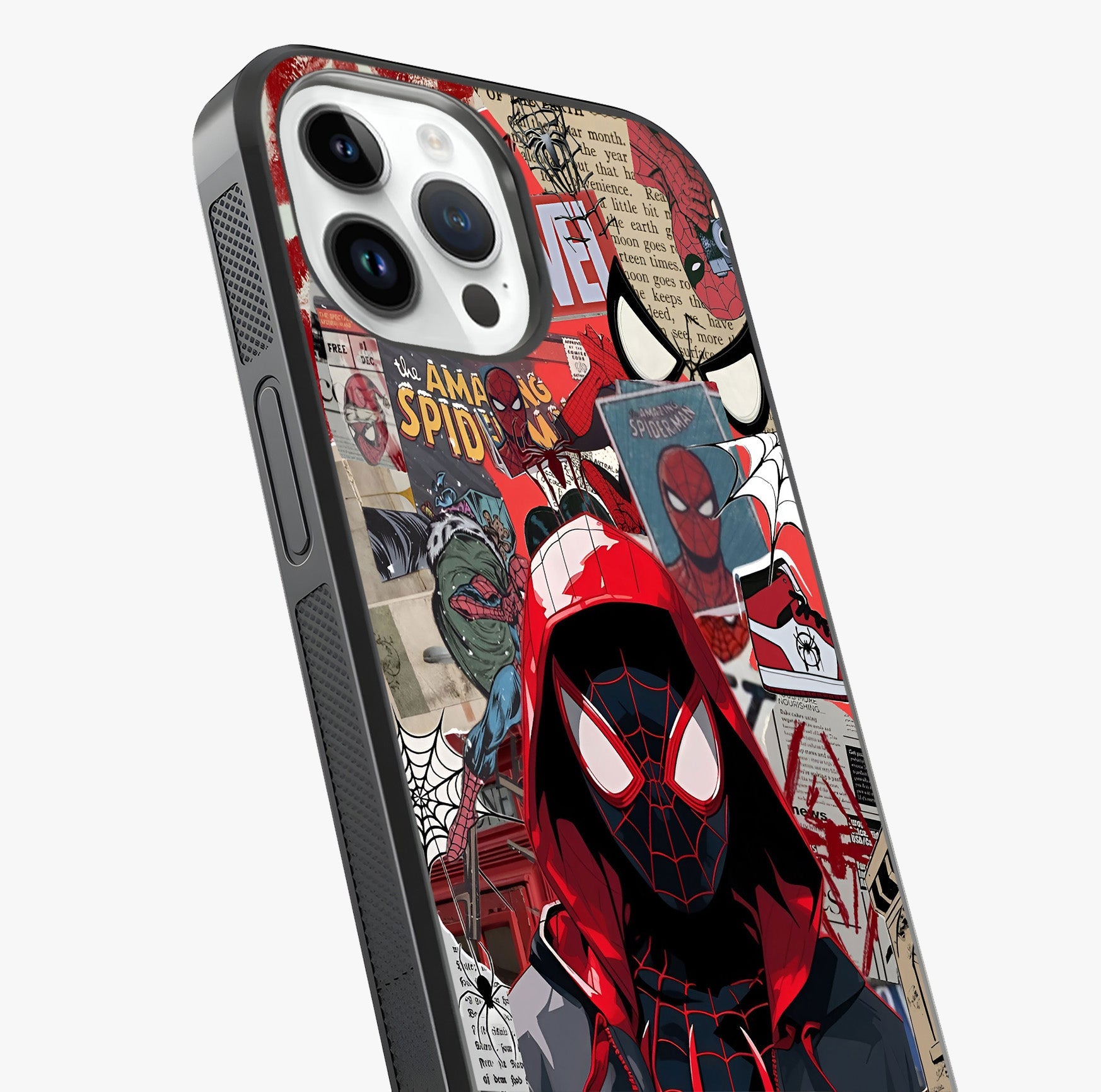 Spider Collage Street Glass Case captured at a warm angle highlighting gloss, texture and premium glass finish.