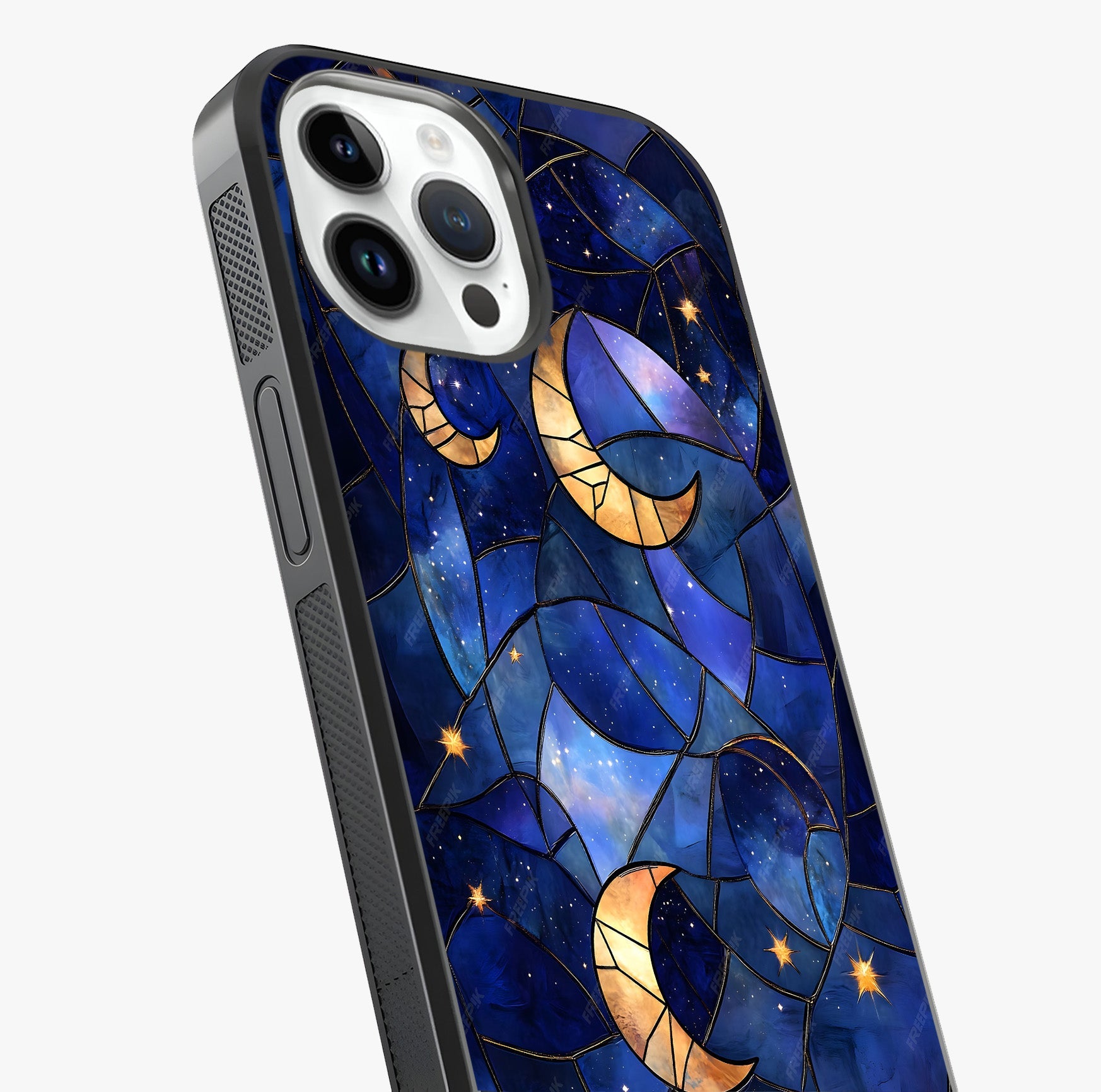 Starlit Sky Tapestry Glass Case captured at a warm angle highlighting gloss, texture and premium glass finish.