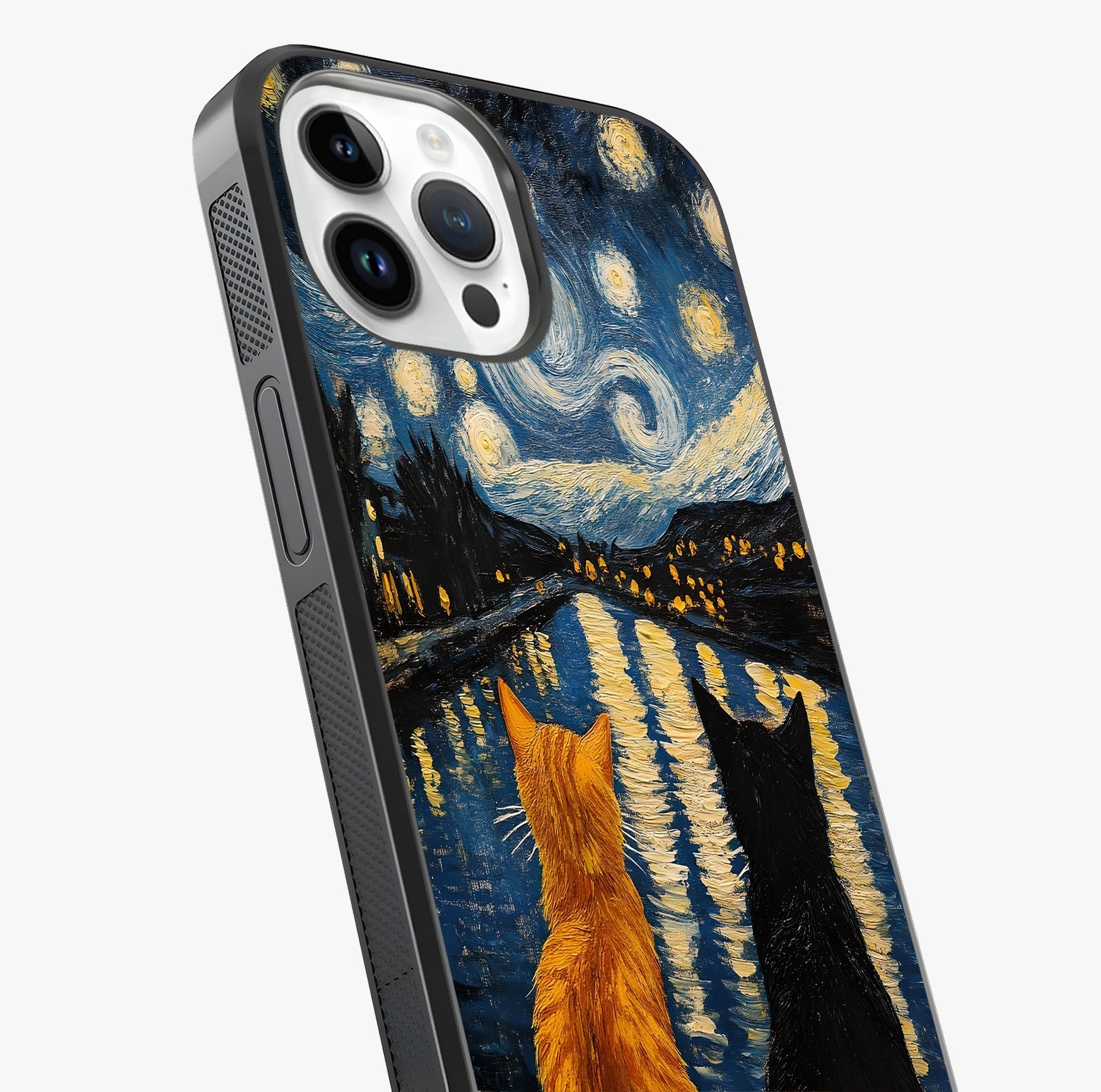 Starry River Cats Glass Case captured at a warm angle highlighting gloss, texture and premium glass finish.