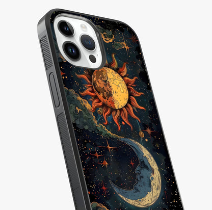 Sun And Moon Magic Design Glass Case captured at a warm angle highlighting gloss, texture and premium glass finish.