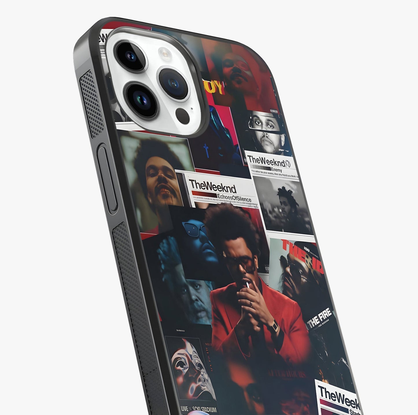 The Weeknd Glass Case captured at a warm angle highlighting gloss, texture and premium glass finish.