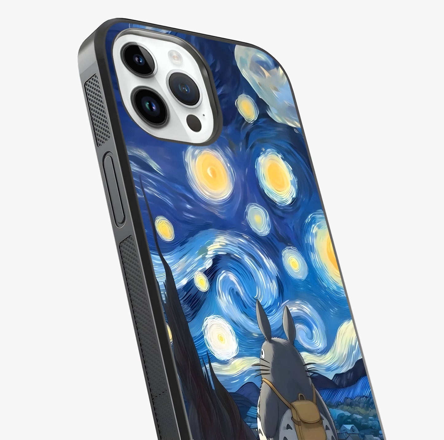 Totoro In Van Gogh Art Glass Case captured at a warm angle highlighting gloss, texture and premium glass finish.