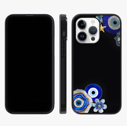 Aesthetic Blue Evil Eye Glass Case displayed upright for full design visibility and premium finish.