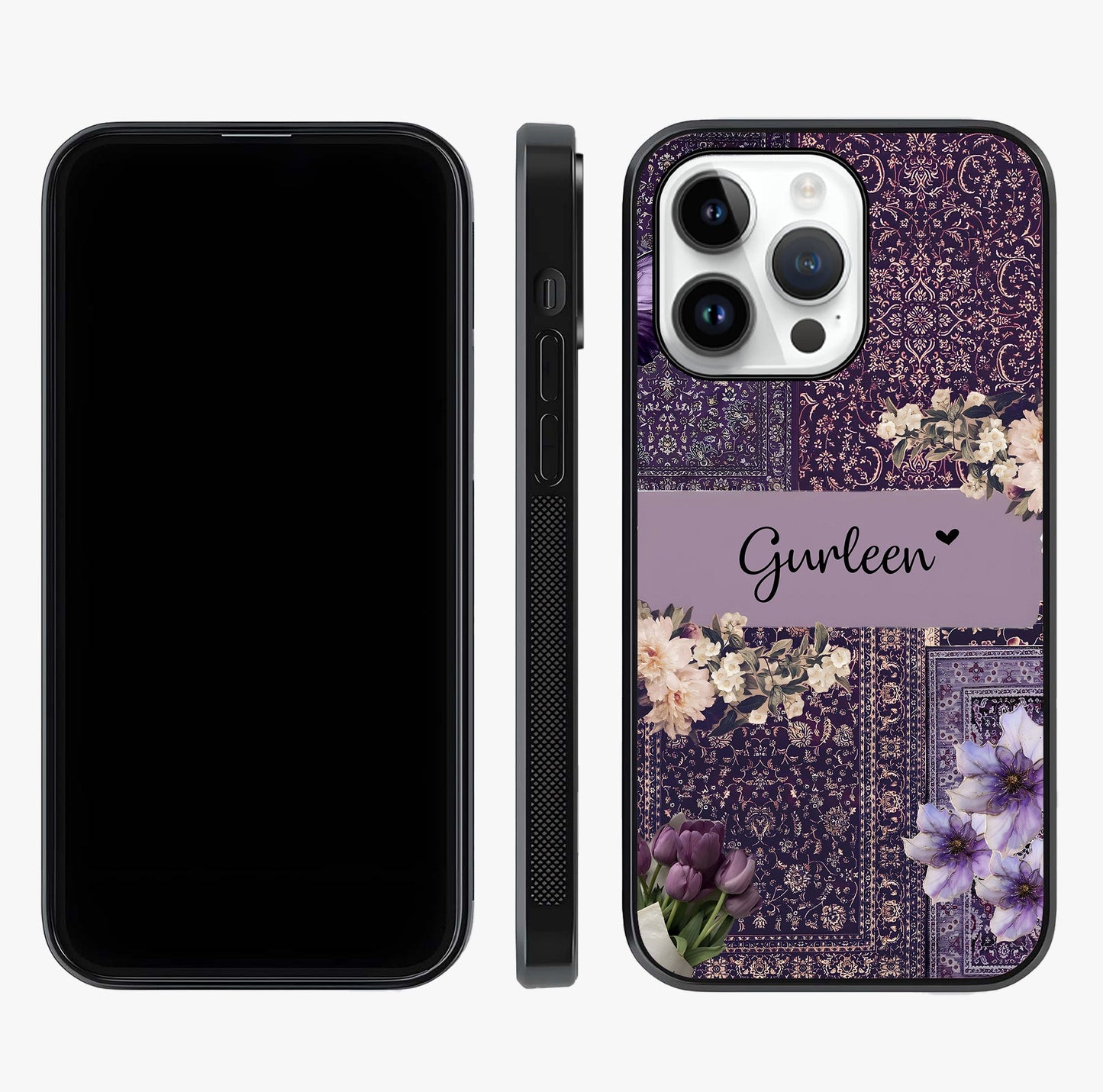 Antique Floral Whisper Custom Name Glass Case displayed upright for full design visibility and premium finish.