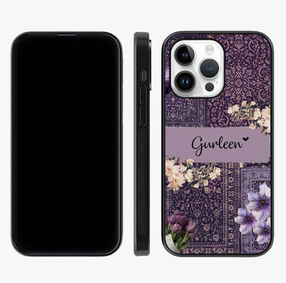 Antique Floral Whisper Custom Name Glass Case displayed upright for full design visibility and premium finish.