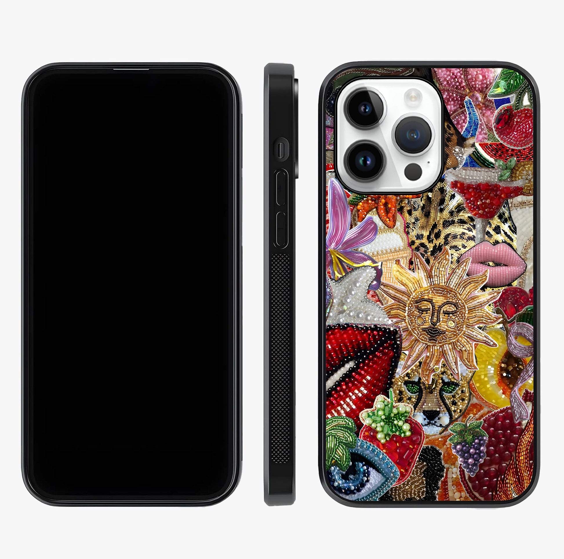 Beaded Fashion Jungle Glass Case displayed upright for full design visibility and premium finish.