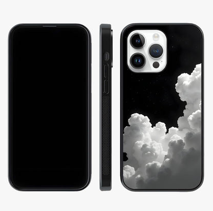 Black Background With White Cloud Glass Case displayed upright for full design visibility and premium finish.