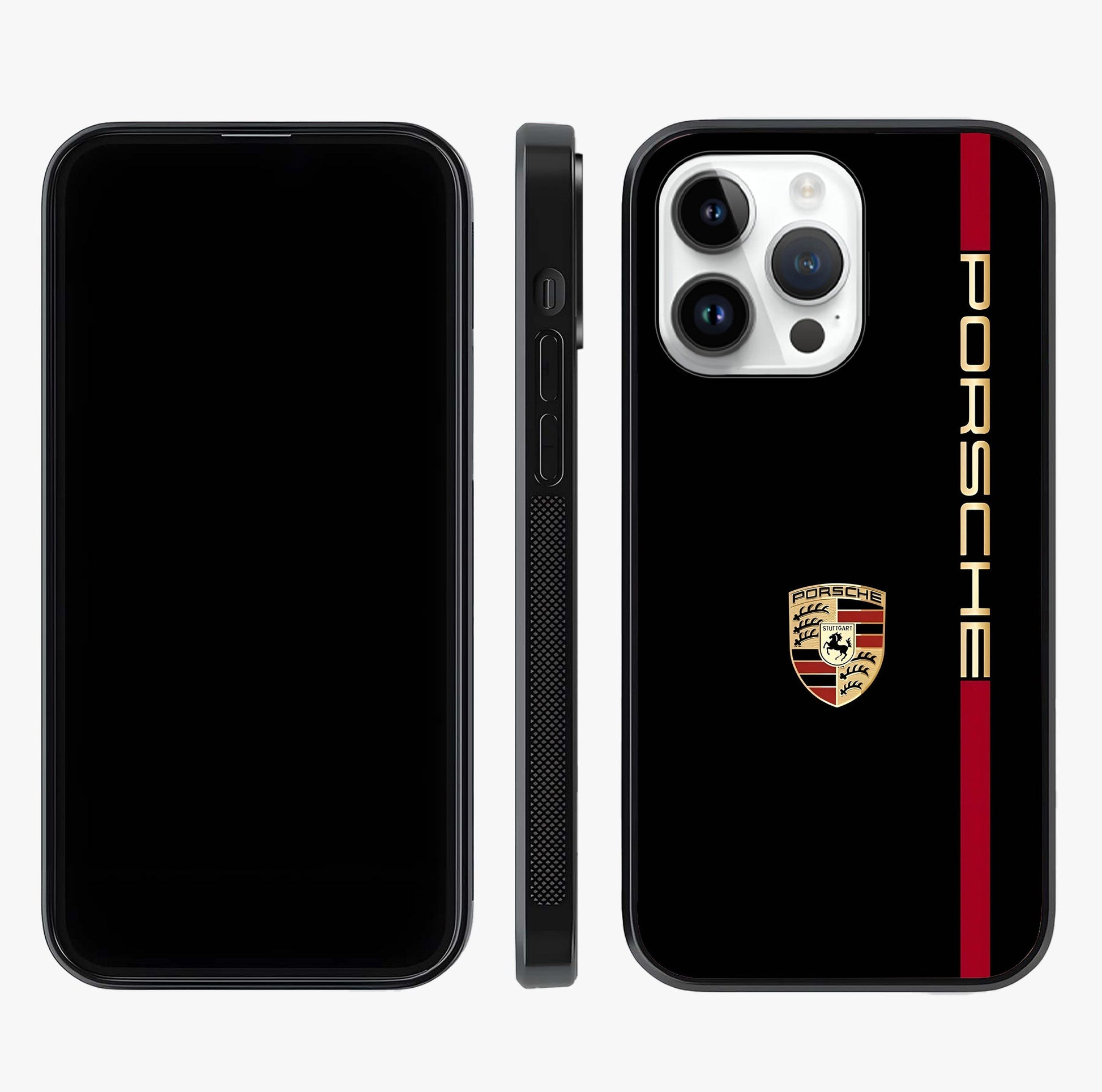 Black Minimal Porsche Glass Case displayed upright for full design visibility and premium finish.