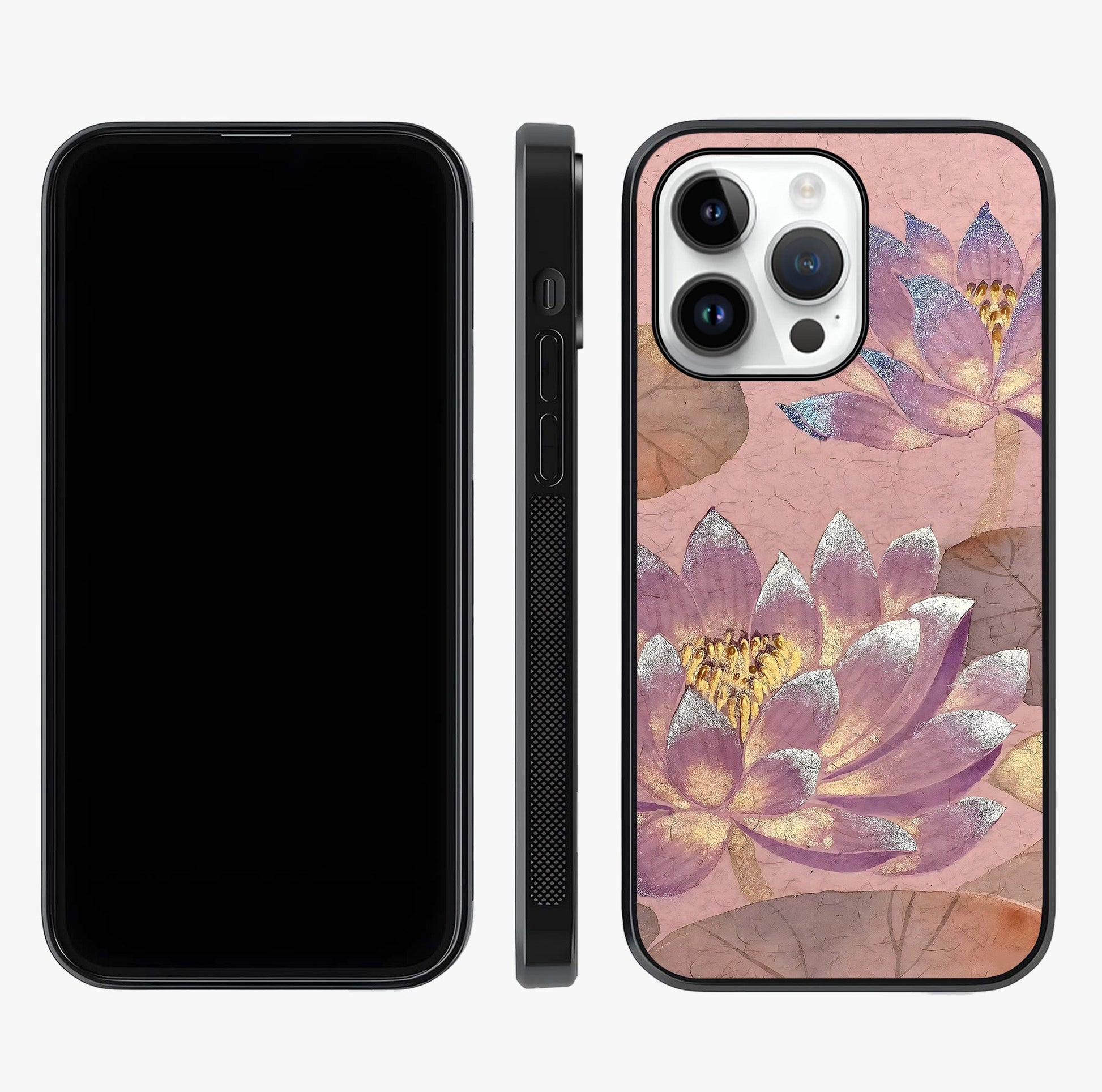 Blossom Mist Lotus Glass Case displayed upright for full design visibility and premium finish.