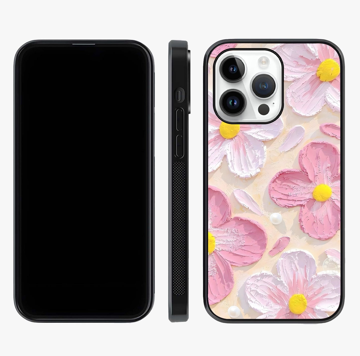 Blush Bloom Texture Glass Case displayed upright for full design visibility and premium finish.