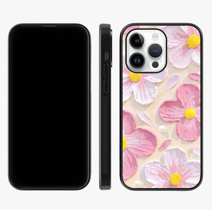 Blush Bloom Texture Glass Case displayed upright for full design visibility and premium finish.