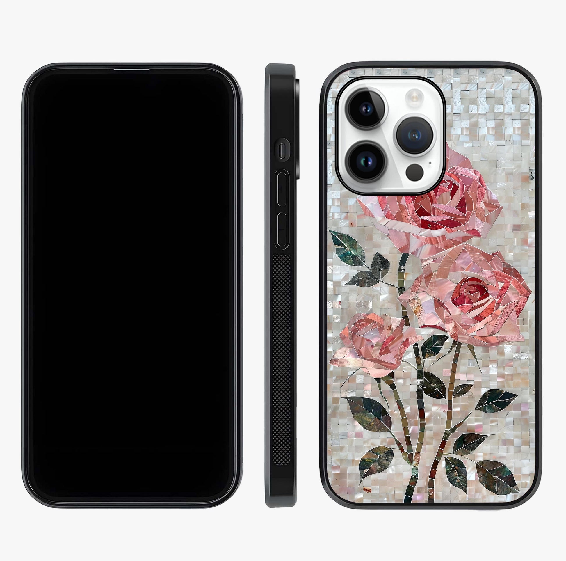 Blush Mosaic Bloom Glass Case displayed upright for full design visibility and premium finish.