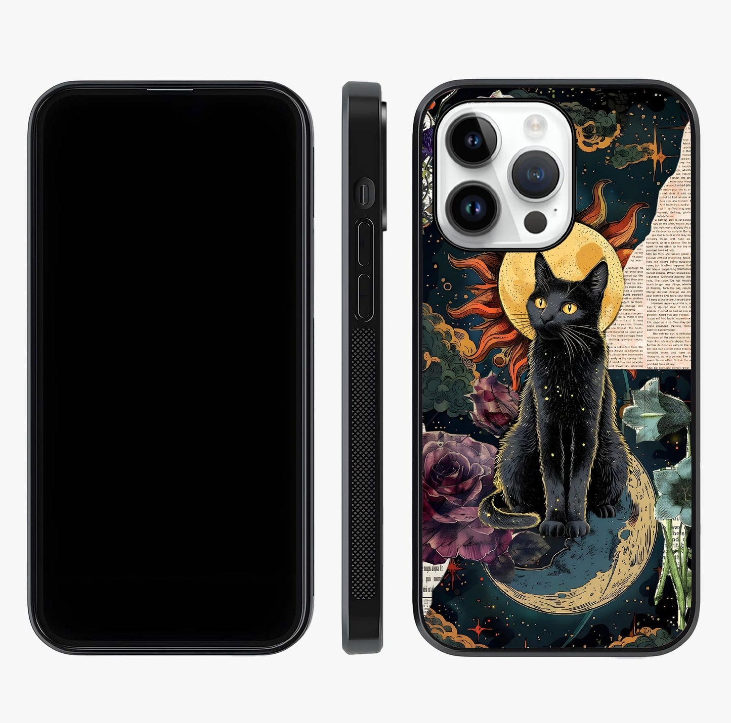 Celestial Black Cat Glass Case displayed upright for full design visibility and premium finish.