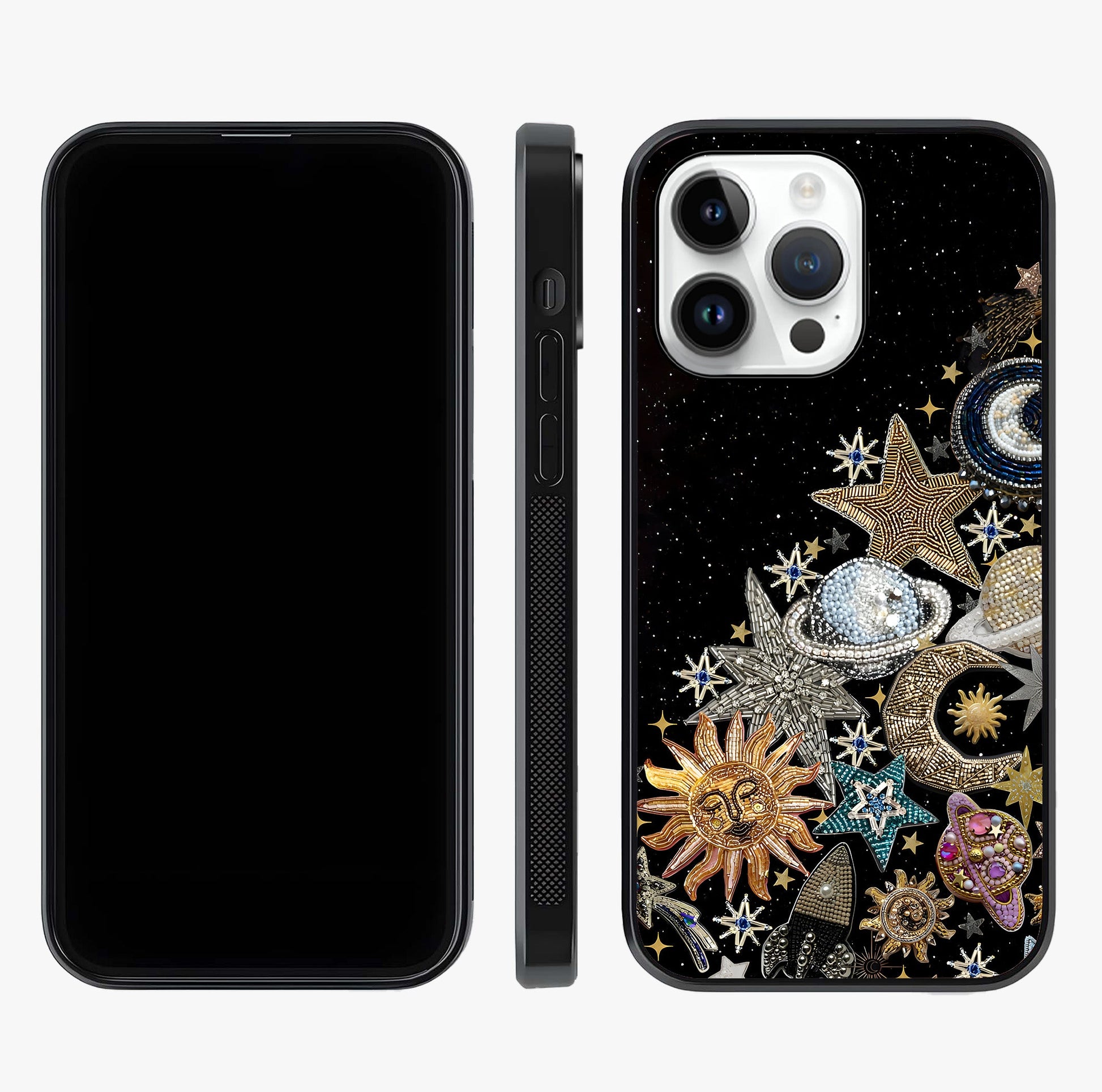 Cosmic Sparkle Dreams Glass Case displayed upright for full design visibility and premium finish.
