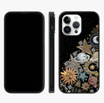 Cosmic Sparkle Dreams Glass Case displayed upright for full design visibility and premium finish.
