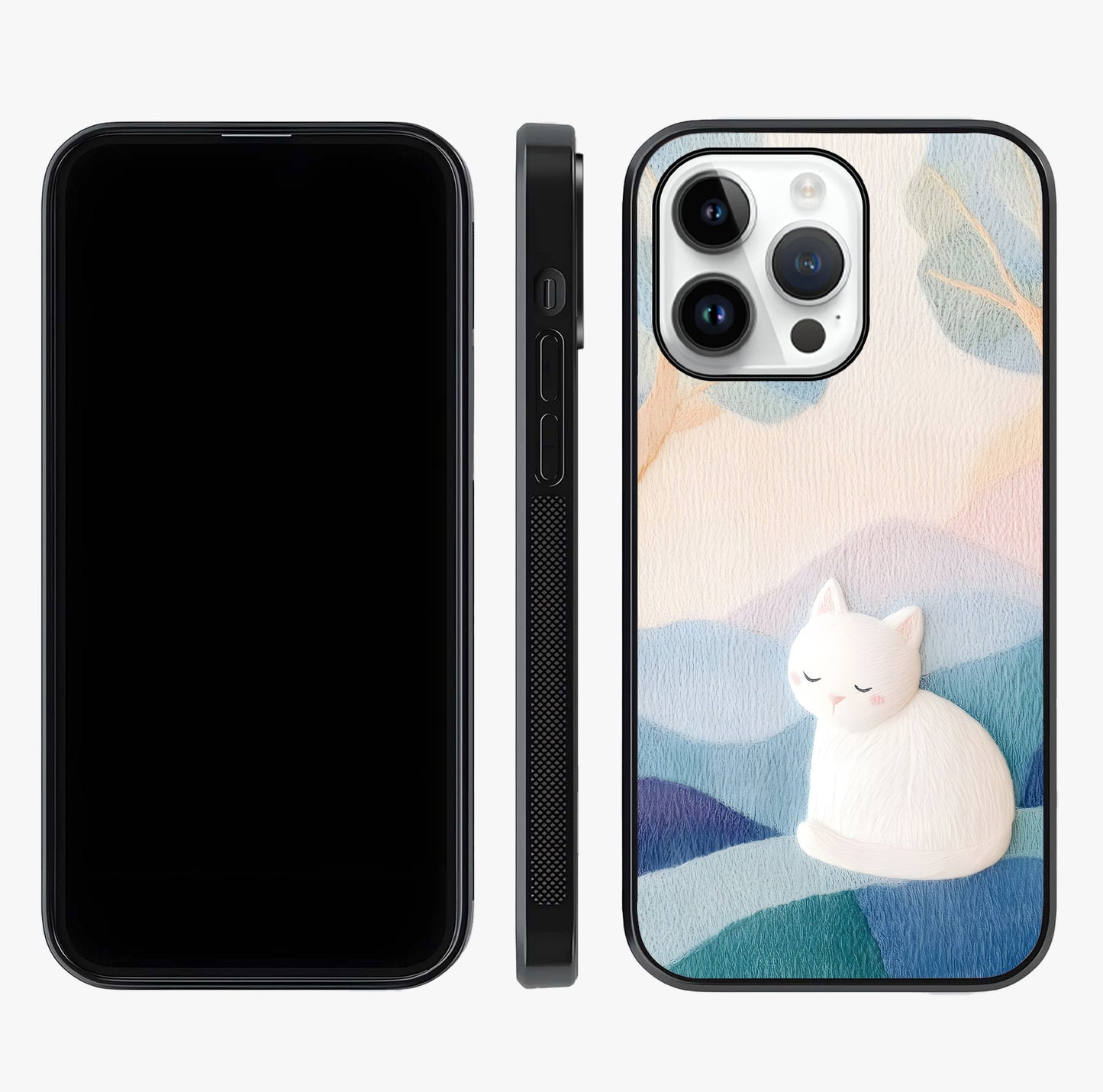 Cotton Dream Cat Glass Case displayed upright for full design visibility and premium finish.