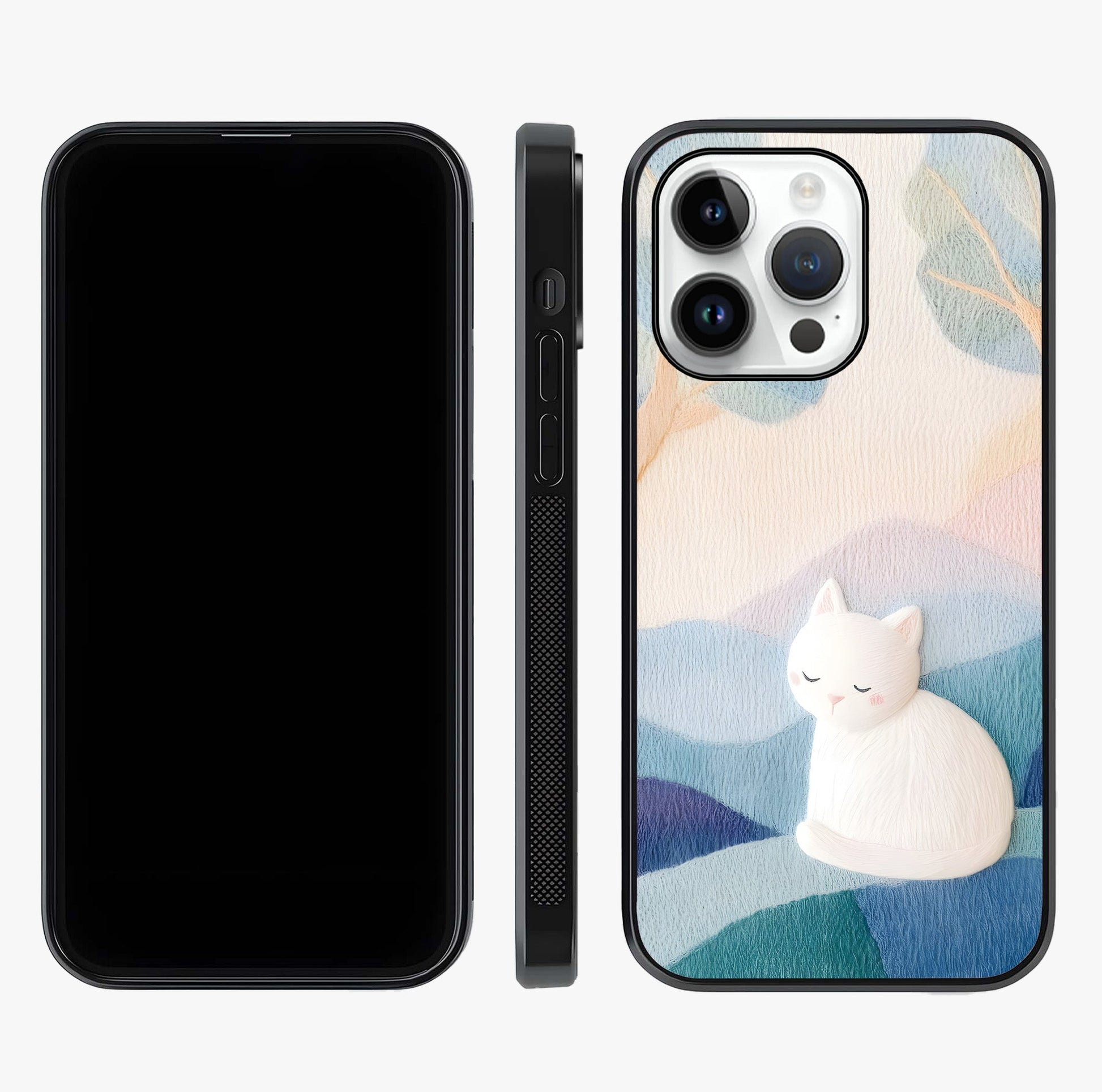 Cotton Dream Cat Glass Case displayed upright for full design visibility and premium finish.