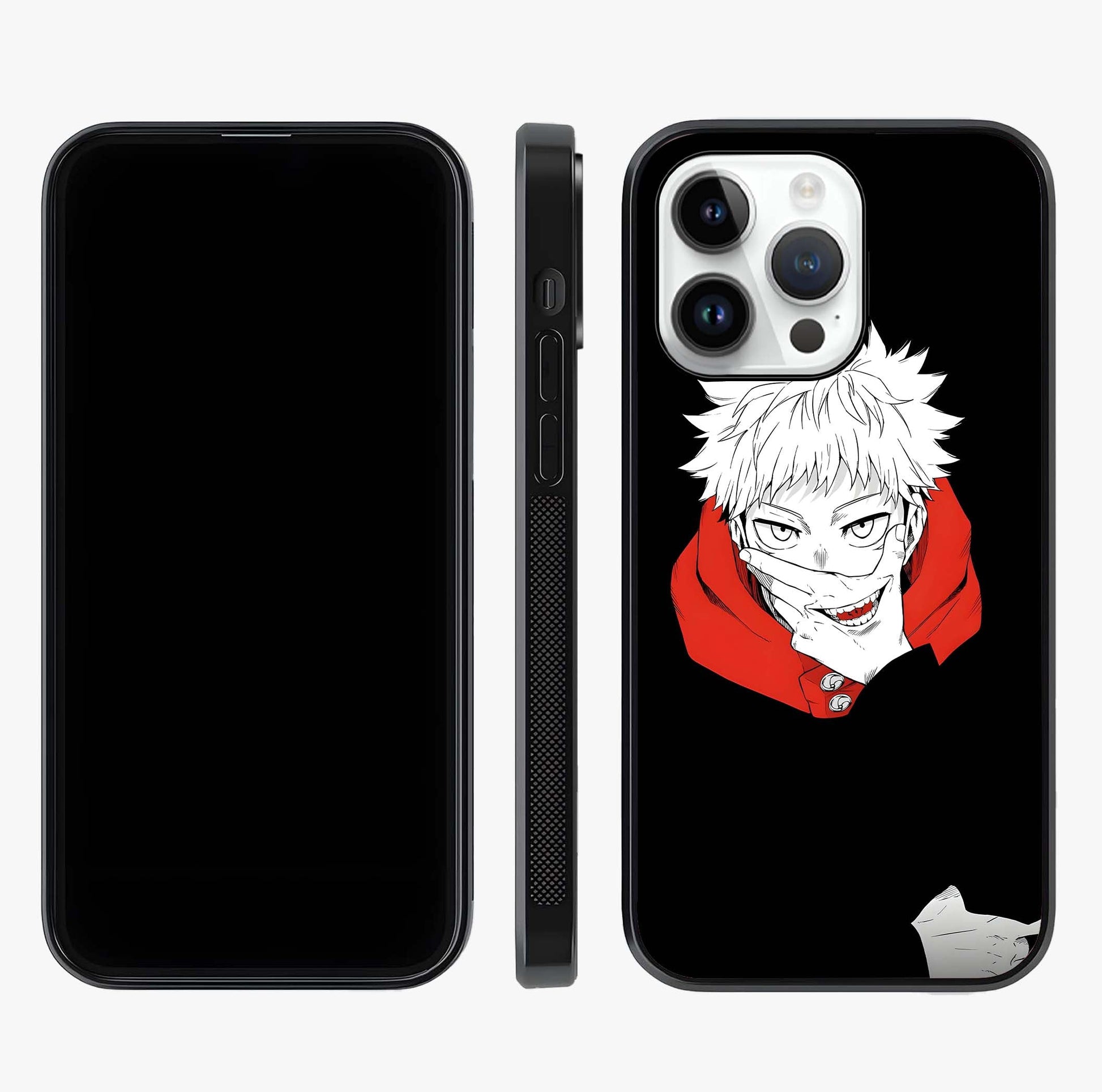 Crimson Chaos Smile Glass Case displayed upright for full design visibility and premium finish.