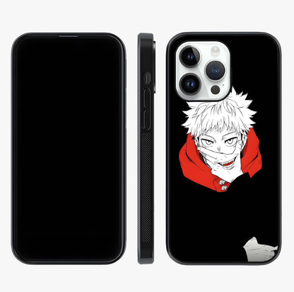 Crimson Chaos Smile Glass Case displayed upright for full design visibility and premium finish.