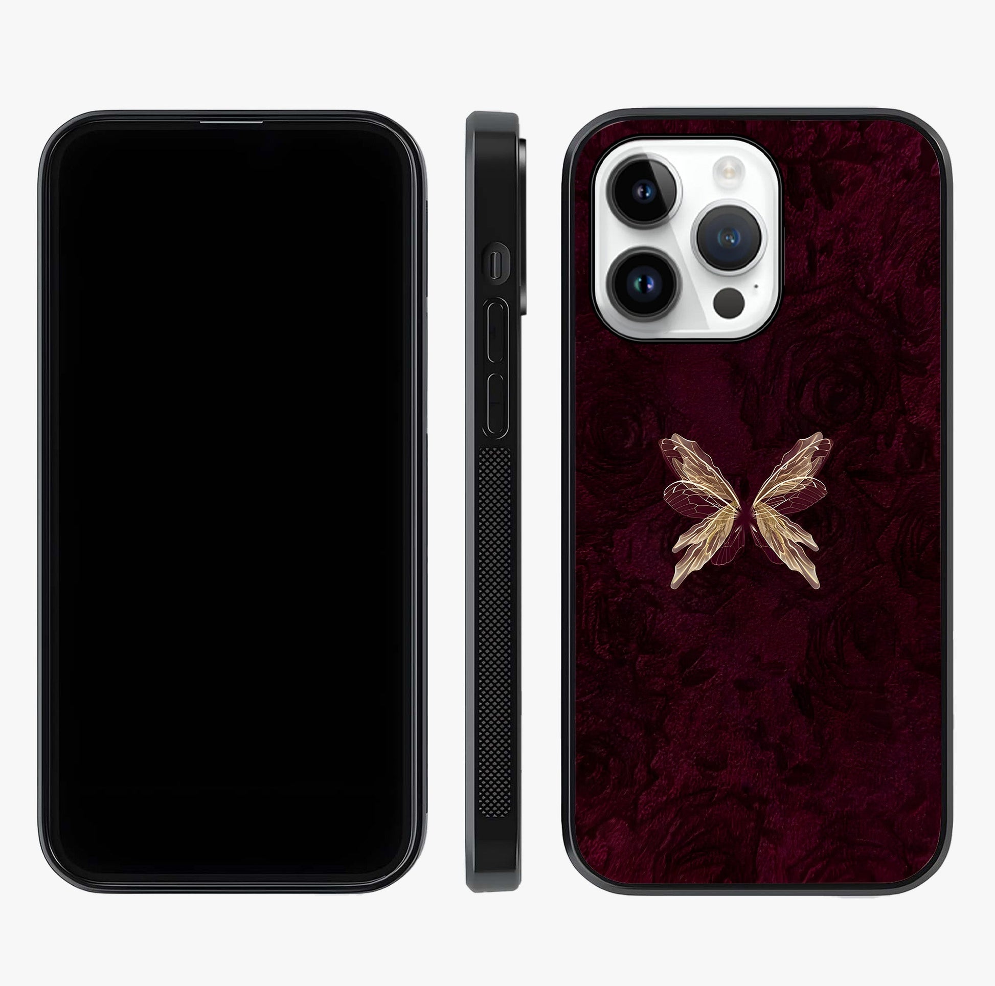 Crimson Fade Butterfly Glass Case displayed upright for full design visibility and premium finish.