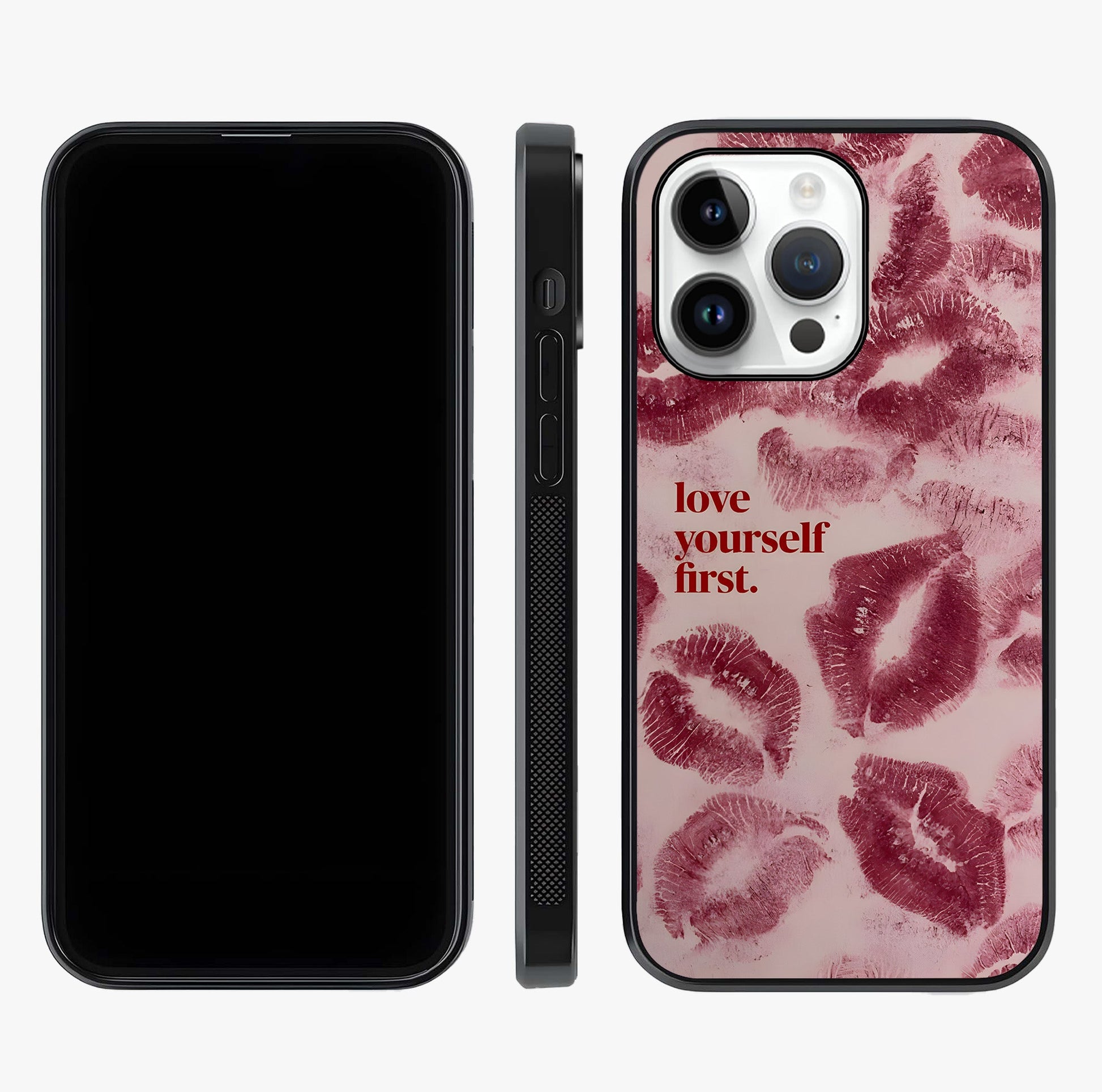 Crimson Kiss Love Glass Case displayed upright for full design visibility and premium finish.