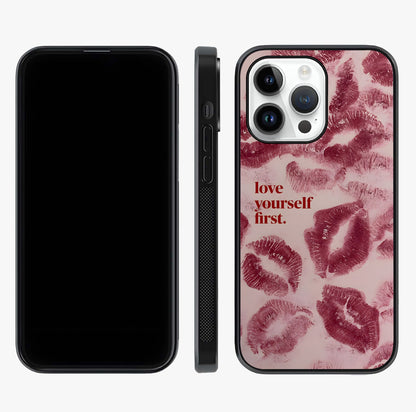 Crimson Kiss Love Glass Case displayed upright for full design visibility and premium finish.